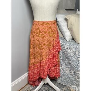 Rustydustty S Boho Paisley Maxi Skirt Tiered Ruffle Pink Red Gypsy Festival
